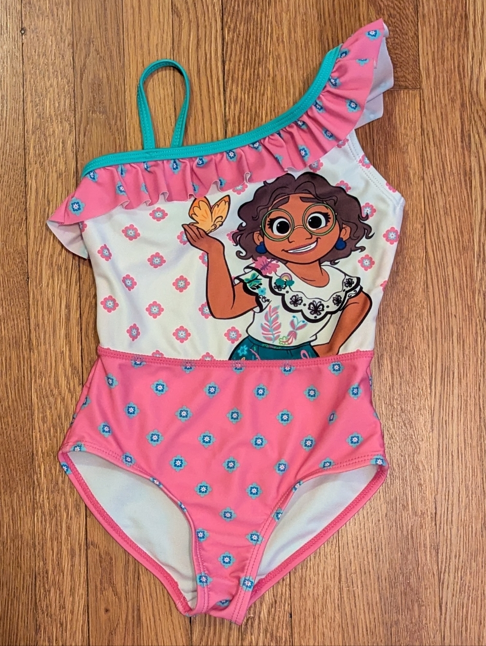 Disney Encanto Pink Floral Girls Swimsuit with Teal Trim